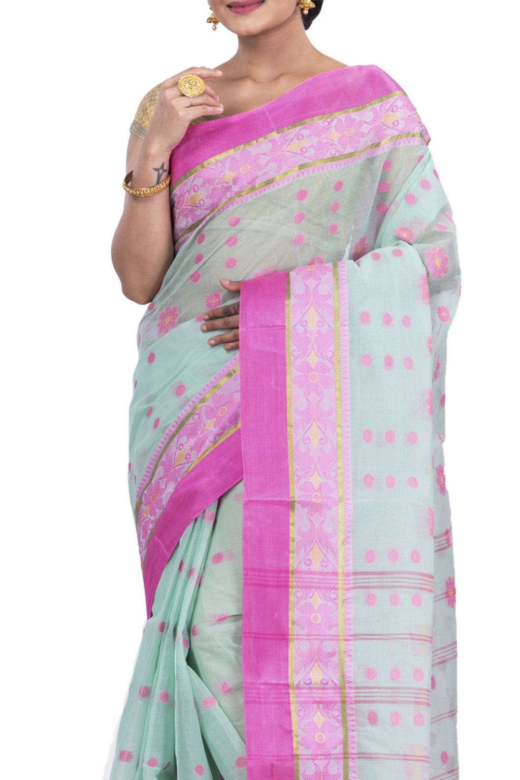 Lime Green Pure Cotton BolLata_Tant Tant Saree (841)